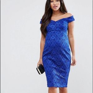 Beautiful maternity lace sweetheart Bardot midi dress. Color Cobalt